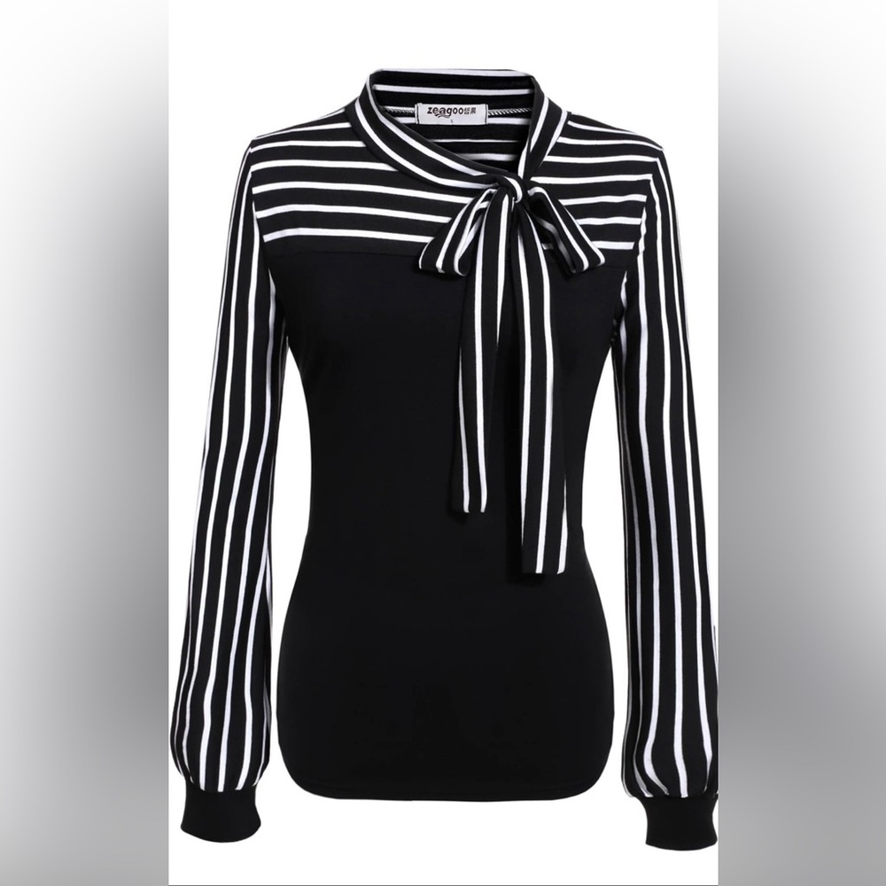 NWT Black & White Striped Blouse with Tie-Bow Neck Sz XL